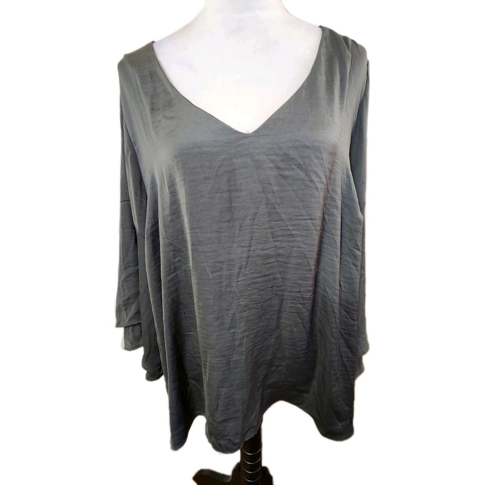 Lane Bryant Womens V Neck‎ Top Size 18/20 Gray Bell Sleeve Flowy Modest Blouse